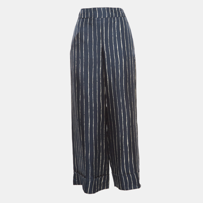 Pre-owned S'max Mara Navy Blue Striped Silk Wide Leg Trousers S