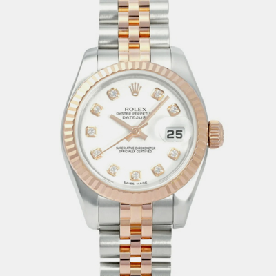 Pre-owned Rolex White Diamond 18k Rose Gold And Stainless Steel Datejust 179171 Automatic Women's Wristwatch 26 Mm