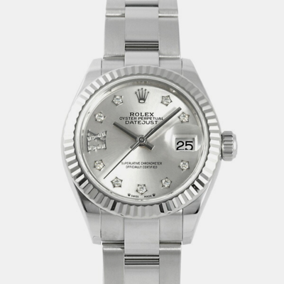 Pre-owned Rolex Silver Diamond 18k White Gold And Stainless Steel Datejust 279174 Automatic Women's Wristwatch 28 Mm