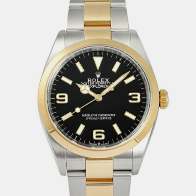 Pre-owned Rolex Black 18k Yellow Gold And Stainless Steel Explorer 124273 Automatic Men's Wristwatch 36 Mm