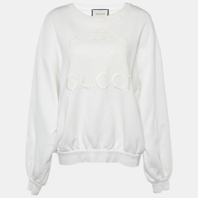 Pre-owned Gucci White Logo Embroidered Cotton Sweatshirt M