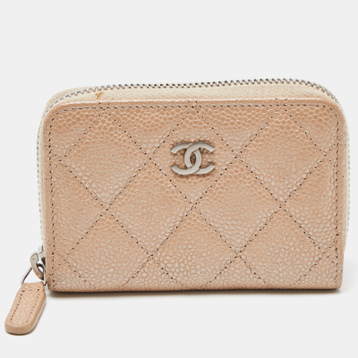 Pre-owned Chanel Beige Quilted Caviar Leather Zip Around Coin Purse