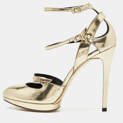 Pre-owned Brian Atwood Gold Laminated Leather Slingback Pumps Size 37