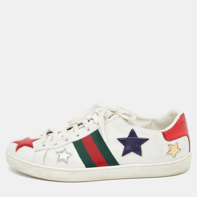 Pre-owned Gucci White Leather Ace Stars Low Top Trainers Size 37.5