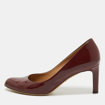 Pre-owned Ferragamo Burgundy Patent Leather Round Toe Pumps Size 39.5