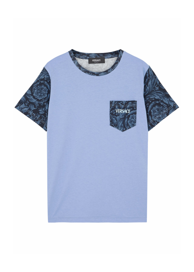 Versace Kids Printed Logo Cotton T-shirt (8-14 Years) In Blue