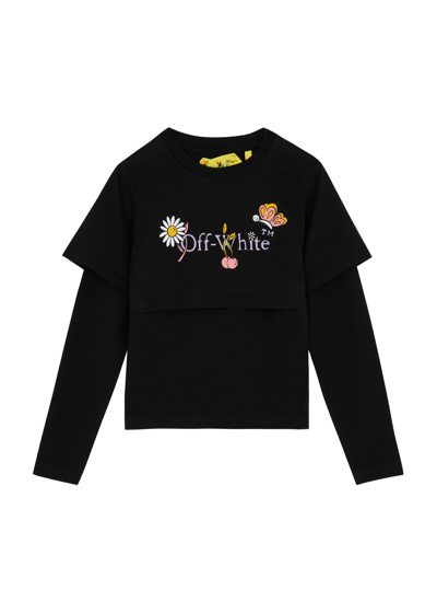 Off-white Kids Funny Flowers Printed Layered Cotton Top (4-10 Years) In Black
