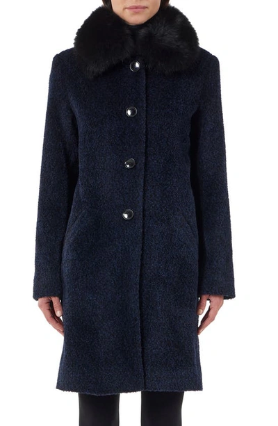 Sofia Cashmere Genuine Shearling Collar Wool & Alpaca Blend Bouclé Coat In Navy