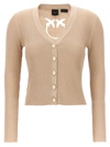 Pinko Love Birds-contrasting Logo Cardigan In Beige