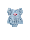 Monnalisa Chambray Romper With Trim In Stone Bleach