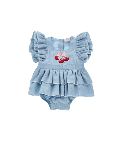 Monnalisa Babies'   Chambray Romper With Trim In Stone Bleach