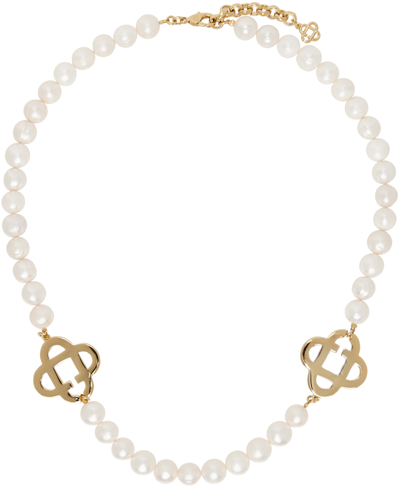 Casablanca White Medium Pearl Logo Necklace In Gold / Pearl