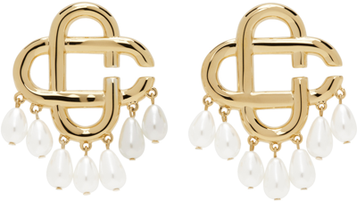 Casablanca Gold Pearl Drop Logo Earrings In Gold / Pearl