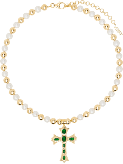 Veert Gold & White 'the Green Cross Freshwater Pearl' Necklace In Yellow Gold/green