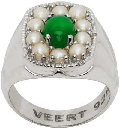 Veert White Gold 'the Royal Signet' Ring In White Gold/green