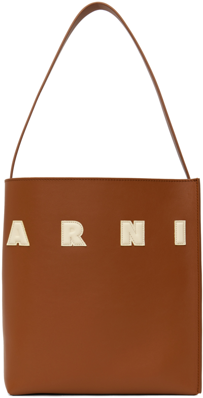 Marni Brown Small Leather Museo Patches Tote In Zo722 Moca/ivory