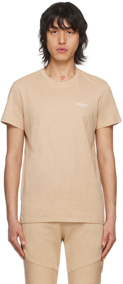 Balmain Flocked-logo Cotton T-shirt In Beige