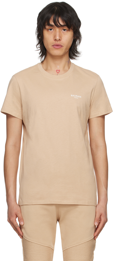 Balmain Flocked-logo Cotton T-shirt In Light Brown