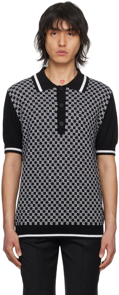 Balmain Monogram-pattern Wool Polo Shirt In Black