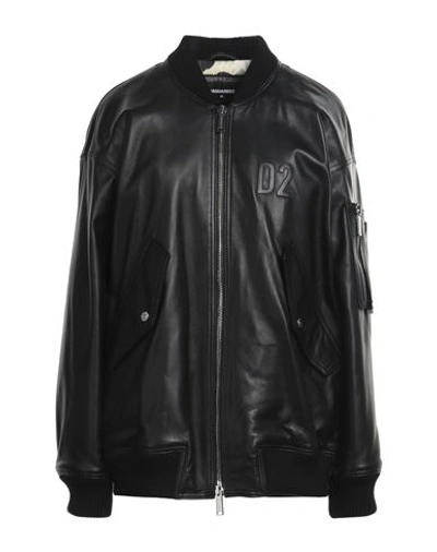 Dsquared2 Woman Jacket Black Size 2 Ovine Leather, Wool, Polyamide, Elastane