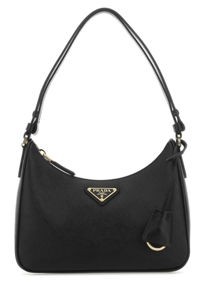 Prada Logo Plaque Zipped Shoulder Bag In Black