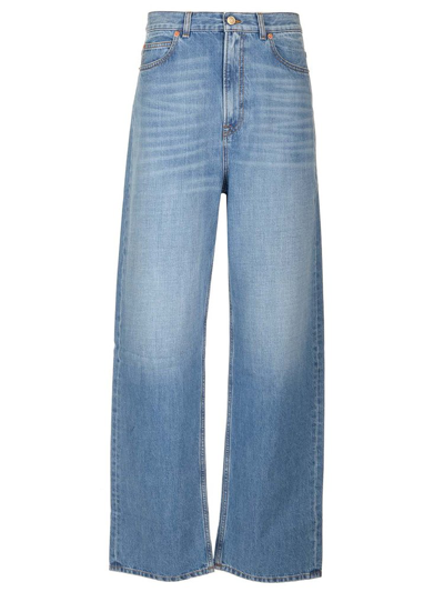 Valentino Logo Patch Wide Leg Jeans In Blue