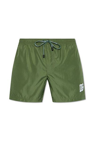 Dolce & Gabbana Logo Embroidered Drawstring Swim Shorts In Green