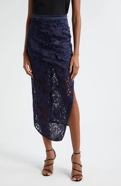 Ramy Brook Irene Floral Lace Asymmetric Skirt In Navy Sateen Floral Cutout