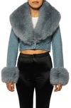Azalea Wang Denim Trucker Jacket With Faux Fur Cuffs & Removable Faux Fur Collar In Blue