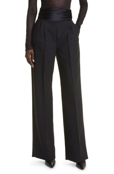 Laquan Smith Satin Cummerbund Double-plated Straight-leg Trousers In Black