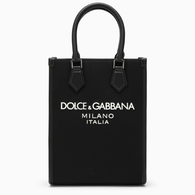 Dolce & Gabbana Navy Small Nylon And Leather Trim Tote Bag With Rubberized Logo For Men In Black