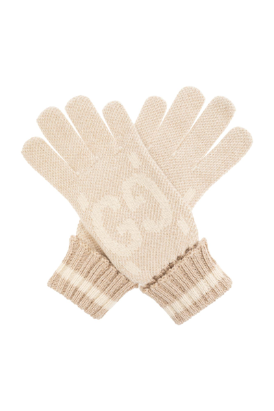Gucci Gg Jacquard Gloves In Camel White