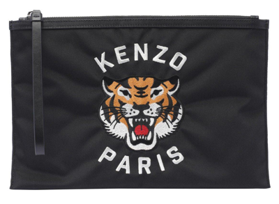 Kenzo Tiger Embroidered Zip-up Pouch In Black