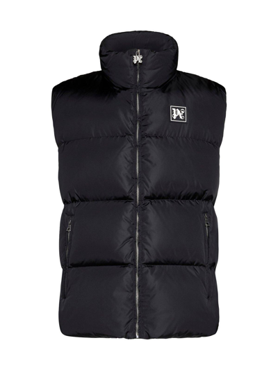 Palm Angels Logo Patch Padded Vest In Black Whit