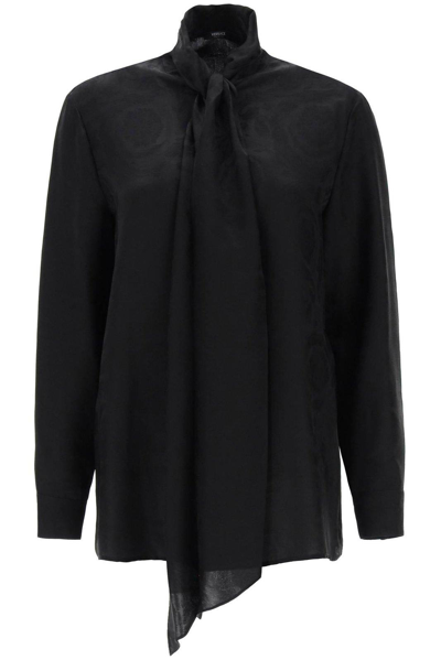Versace Barocco Silk Blend Jacquard Shirt In Black