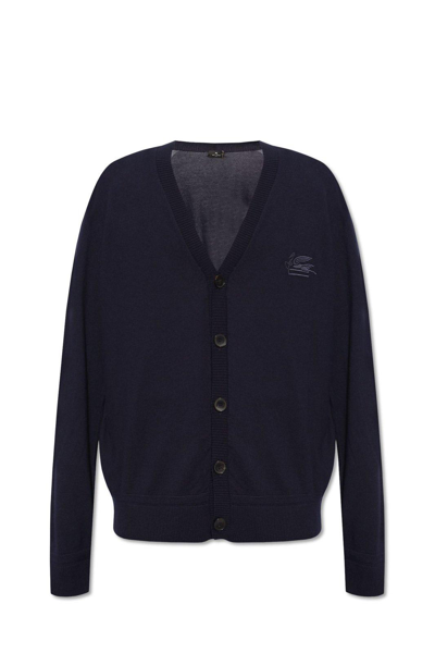 Etro Pegaso Embroidered Knit Cardigan In Navy