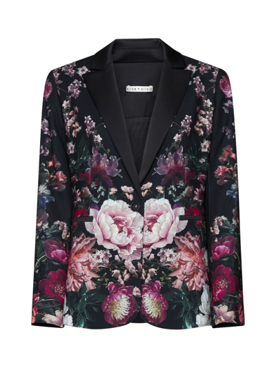 Alice And Olivia Breann Floral-print Fitted Satin Blazer In After Midnight