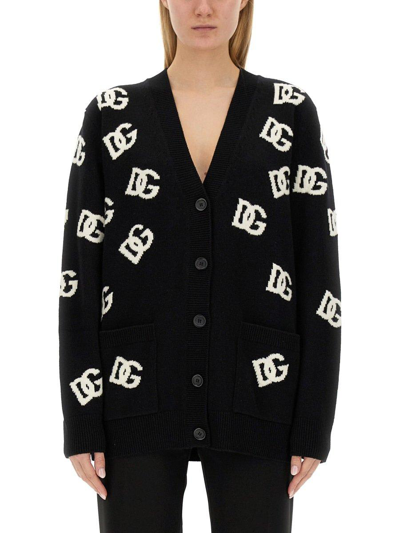 Dolce & Gabbana All-over Logo Intarsia V-neck Cardigan In Nero Bianco