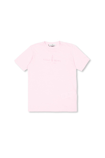 Stone Island Kids' Logo Printed Crewneck T-shirt In Pink