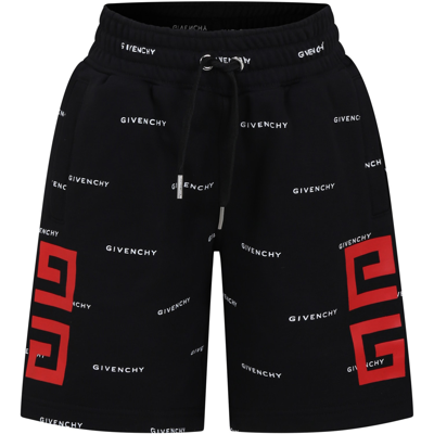 Givenchy Kids' Black Shorts For Boy With All-over Logo In Nero E Bianco