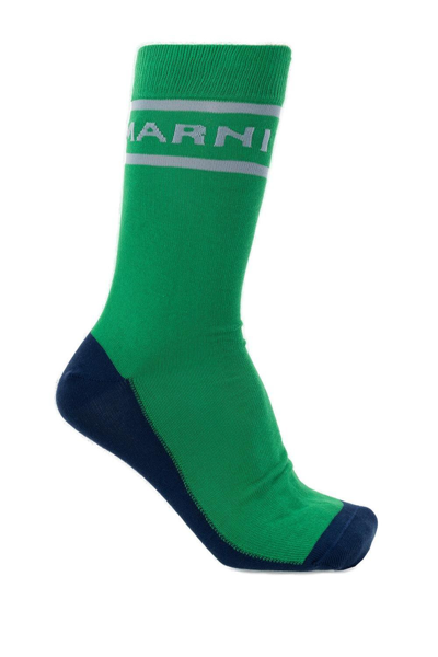 Marni Logo Intarsia Color-block Socks In Green