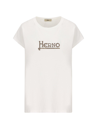 Herno Studded-logo Crewneck T-shirt In White Brown