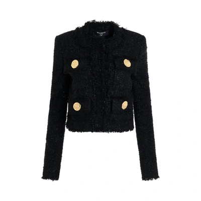 Balmain Cropped Tweed Jacket In Black