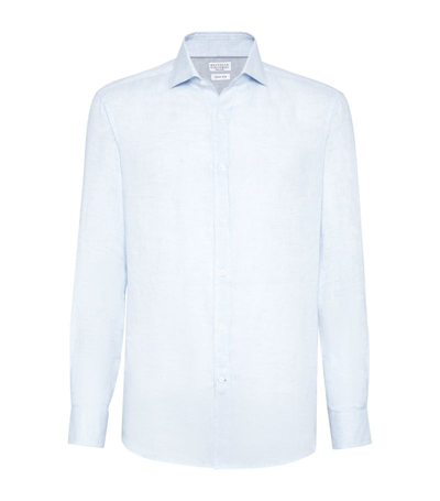 Brunello Cucinelli Men's Linen Easy Fit Shirt With Spread Collar In Ciel
