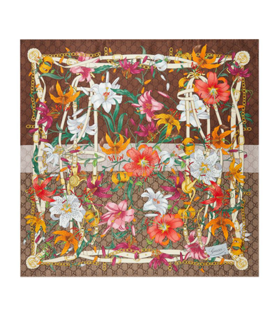 Gucci Silk Flora Print Carré Scarf In Brown