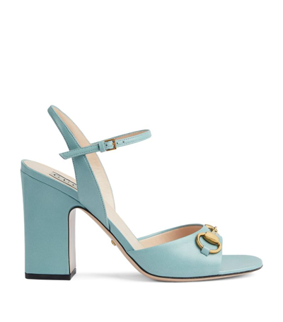 Gucci Leather Horsebit Heeled Sandals In Blue