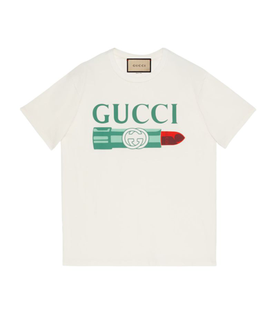 Gucci Lipstick Print Print Cotton T-shirt In White,multicolor