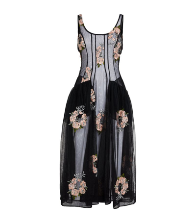 Simone Rocha Rose-embroidered Tulle Midi Dress In Black