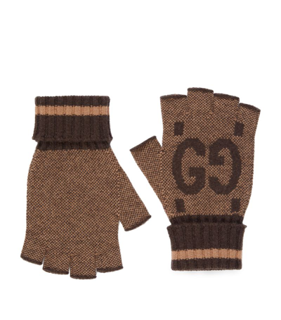 Gucci Gg Cashmere Fingerless Gloves In Brown