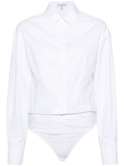 Alaïa Women's Cotton-blend Long-sleeve Shirt Bodysuit In White
